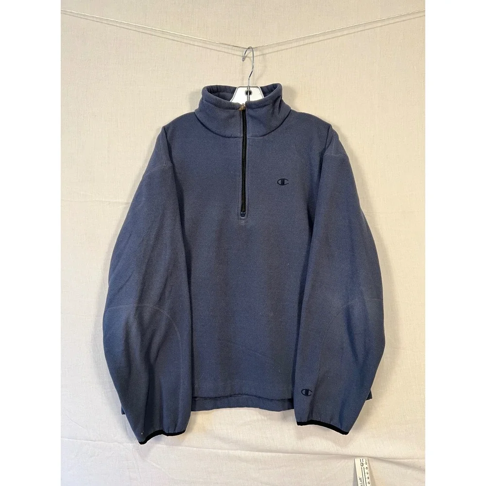 Champion Mens Quarter Zip Fleece Pullover Slate Blue Mock Neck Size L 3492